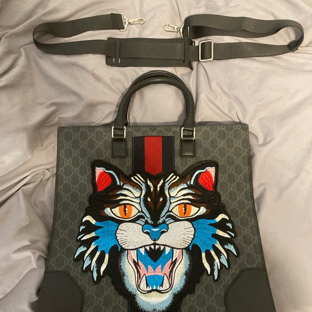 Gucci Black and Gray GG supreme angry cat Tote bag
